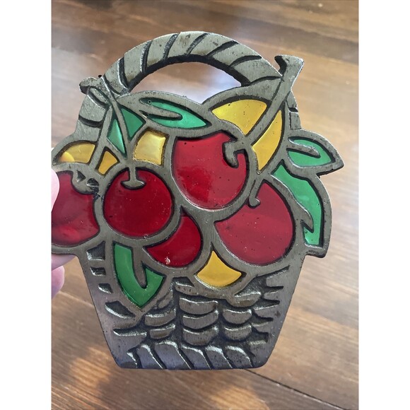 2 Vintage Stained Glass Cast Iron Metal Trivet Cherries in a Basket 5.5" Lot - Picture 4 of 10